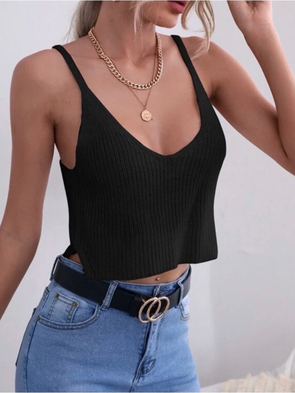 NEW Black V-Neck Ribbed Knit Tank Top